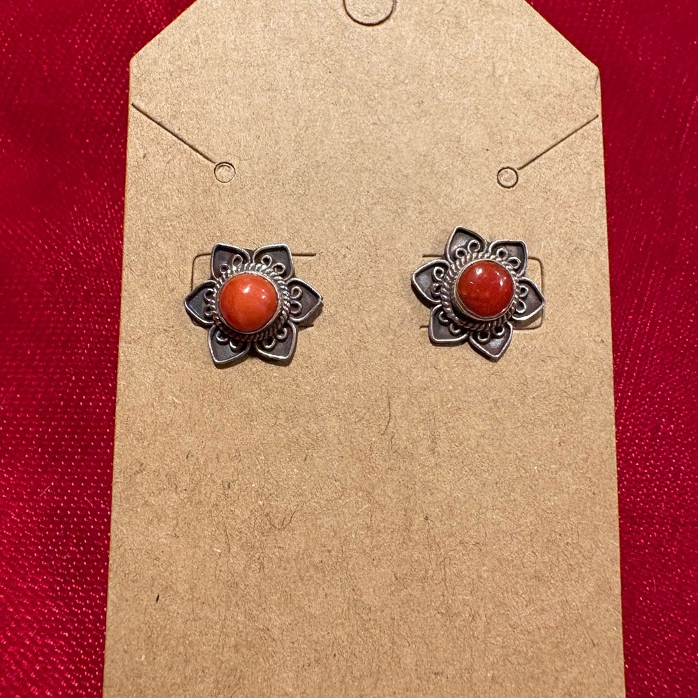 Mediterranean Red Coral Flower Stud Earrings Sterling Silver 925.